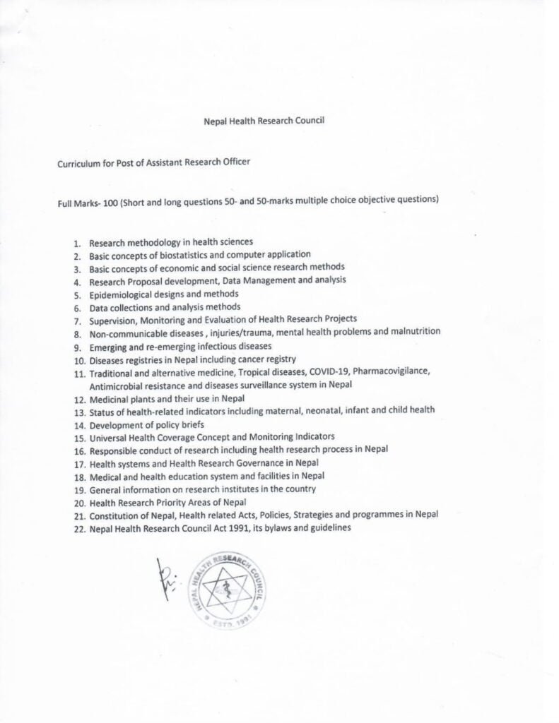 Course of Study for Research Officer and Assistant Research Officer 6 NHRC