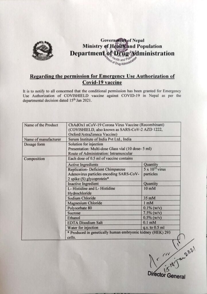 DDA approves ‘COVISHIELD’ vaccine for emergency use in Nepal 4 COVID Vaccine in Nepal